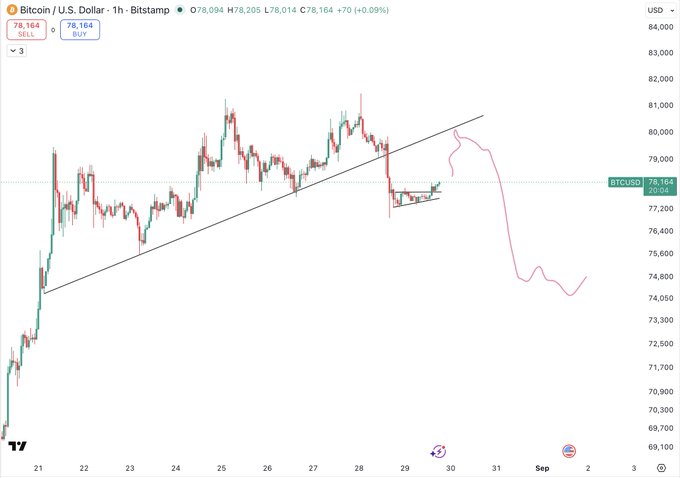A TradingView 1-hour candlestick chart for Bitcoin/USD (BTCUSD) showing a recent selloff from around $81,000 down to $78,164, with an ascending trendline and projected price trajectory suggesting further downside toward $73,000-$75,000.