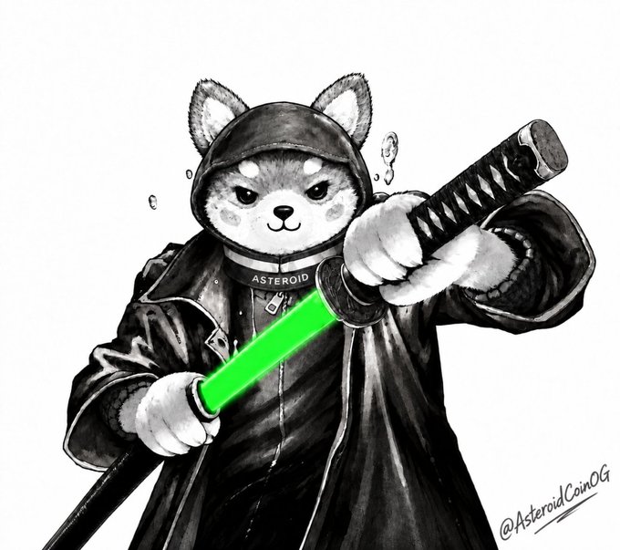 A black and white illustration of a Shiba Inu dog dressed as a ninja holding a katana with a green blade, watermarked '@AsteroidCoinOG' with an 'ASTEROID' tag on its collar.