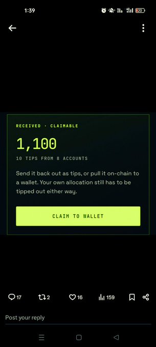 A mobile app screenshot shows 'RECEIVED · CLAIMABLE 1,100' as tips from 8 accounts, with a green 'CLAIM TO WALLET' button and various engagement metrics below.