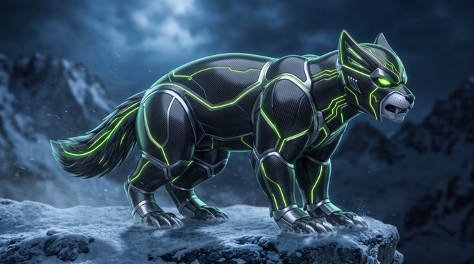 A sleek, cyber-enhanced wolverine with glowing green neon accents and armored plating stands on a snowy, rocky peak under a stormy night sky. The futuristic, biomechanical creature visually embodies the "Wolverinu" meme coin mascot, conveying strength and a high-tech revival of the classic Inu-style crypto project returning to the Robinhood Chain.