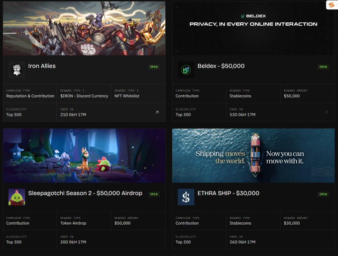 A crypto airdrop dashboard displays four campaigns: Iron Allies ($1RON), Beldex ($50,000), Sleepagotchi Season 2 ($50,000), and ETHRA SHIP ($30,000), all marked as 'OPEN' with various eligibility and time remaining metrics.