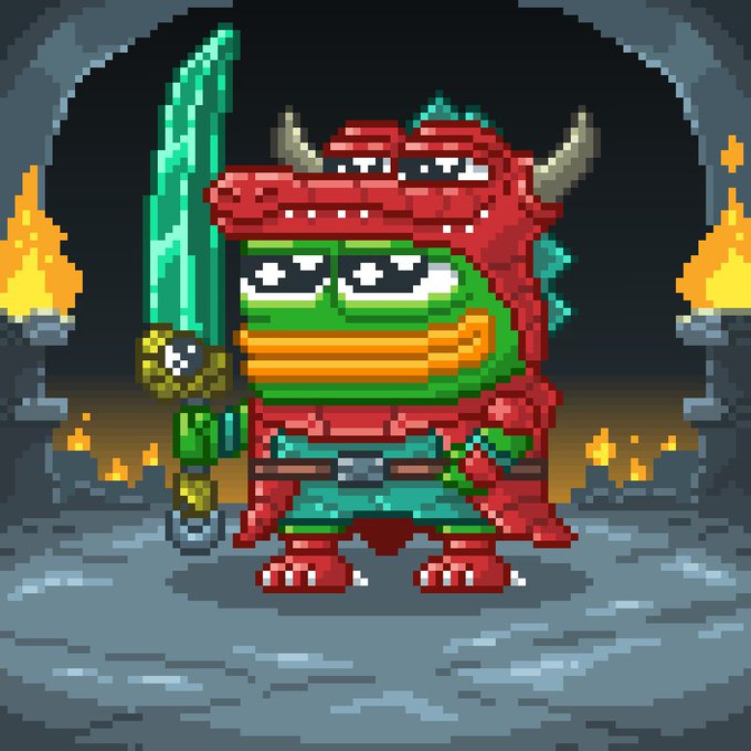 A pixel art character resembling a Pepe the Frog dressed in red samurai-style armor holds a green sword while standing in a stone dungeon with flaming torches.