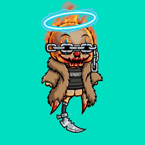 A chibi-style cartoon character with a flaming jack-o'-lantern head wrapped in chains, wearing a furry coat and "SWEAT" shirt, with a mechanical blade leg beneath a glowing blue halo. The image ties into the post's promotion for the "Re-Animated Dead" NFT collection, serving as a "Super R.A.D." character reveal to highlight the mint and upcoming TCG/show releases.