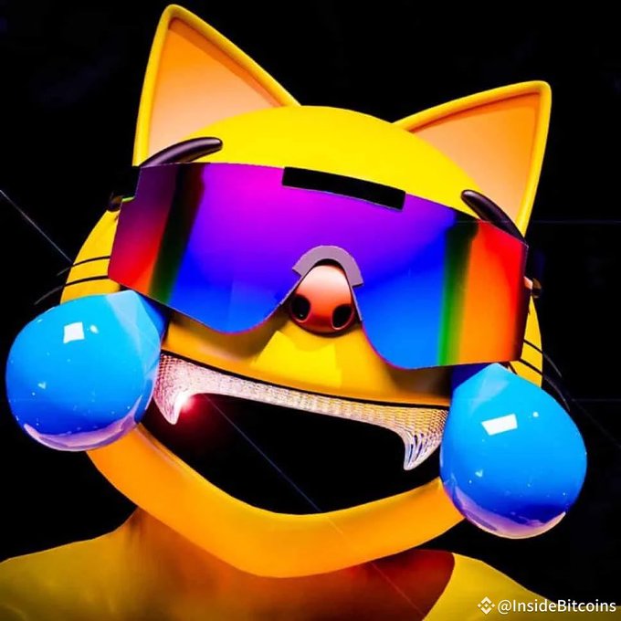 A 3D rendered yellow cat character wearing iridescent rainbow sunglasses and a wide grin with diamond-studded teeth, with two blue glossy orbs floating beside it, branded with @InsideBitcoins.