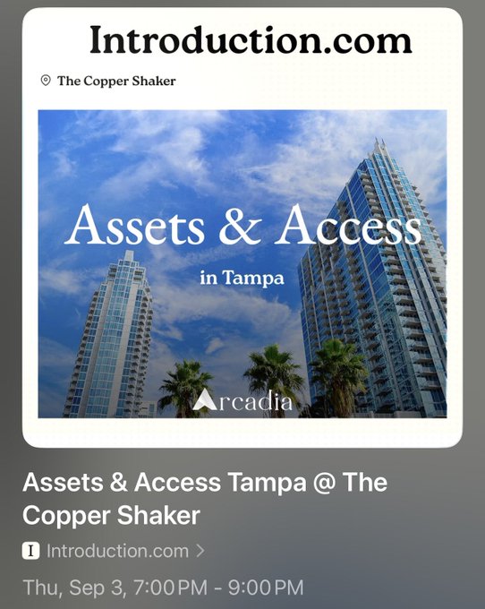 Event promotional graphic for the "Assets & Access in Tampa" meetup hosted by Introduction.com at The Copper Shaker, featuring tall glass skyscrapers against a blue sky with palm trees, scheduled for Thursday, September 3rd from 7:00 PM to 9:00 PM in Ybor City.