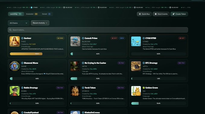 A cryptocurrency platform interface displays various tokens including Savlour, Camels Prime, CYAN BYRD, Diamond Mane, Mo Crying in the Casino, BTC Strategy, Robin Strategy, Torch Token, and Golden Green.
