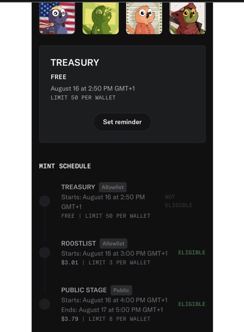 A dark-themed NFT minting interface displays four colorful cartoon character avatars at the top, with details for a "TREASURY" free mint on August 16 at 2:50 PM GMT+1 (limit 50 per wallet), followed by a mint schedule showing the "ROOSTLIST" allowlist stage at $3.01 (3 per wallet) and "PUBLIC STAGE" at $3.79 (8 per wallet), both eligible. The image directly supports the post by showing the available minting options for the H00dR00st or 888 collections.