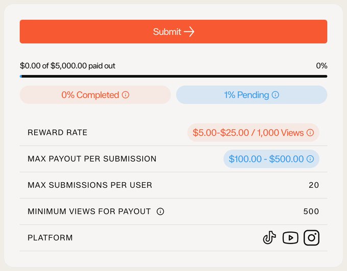 The image is a screenshot of an app named "Mimix campaigns" featuring a pop-up form that provides details about a campaign, such as a reward rate and maximum submissions per user for $100,00. The focus on the image suggests that the viewer might be interested in participating or learning more about how to get involved with this particular campaign.
