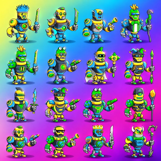 A grid of sixteen colorful cartoon robots in green, yellow, and blue, each equipped with different weapons like swords, guns, and staffs against a gradient background.