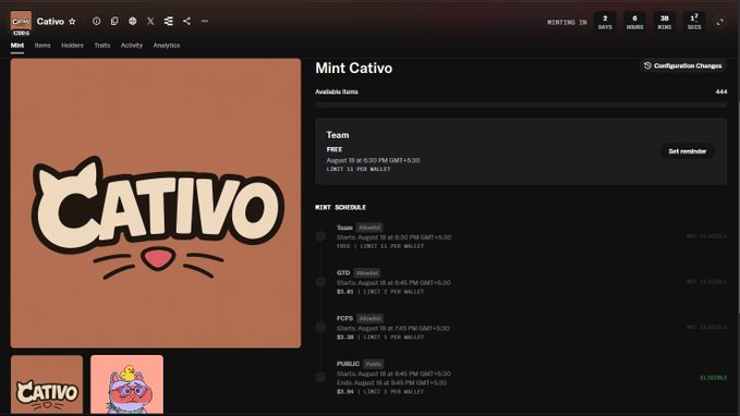 A screenshot of a website displaying 'Cativo' branding with a cat logo, showing a 'Mint Cativo' NFT collection page featuring mint schedule details for Free, GTD, FCFS, and Public rounds with prices in ETH.