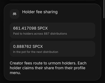 A dark-themed dashboard widget for "Holder fee sharing" showing "661.417098 SPCX Paid to holders across 887 distributions" and "0.888762 SPCX In the pot for the next distribution," with text explaining that creator fees route to urroom holders.