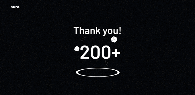 A dark graphic with "aura." in the corner displays "Thank you!" above "200+" with small flower decorations and an oval outline, celebrating surpassing 200 members in the Aura community, matching the post's "Celebrating 200+ Auramaxxers" message.