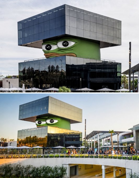 Two views of a striking modern building featuring a large green Pepe the Frog face sculpture integrated between dark glass cube structures.