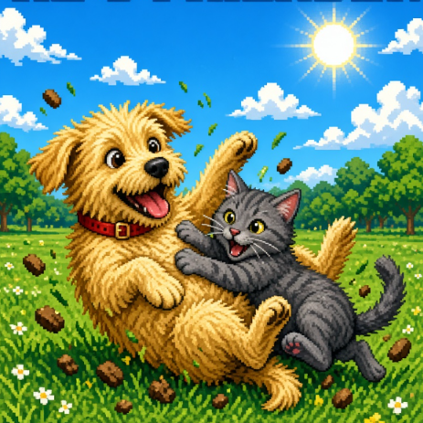 A cartoon-style illustration shows a fluffy tan dog and a gray tabby cat playfully wrestling in a sunny green field, with debris flying around them.