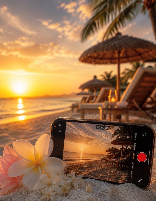 A smartphone displaying a camera interface rests on a sandy beach next to frangipani flowers, capturing a sunset scene with palm trees and beach umbrellas in the background.