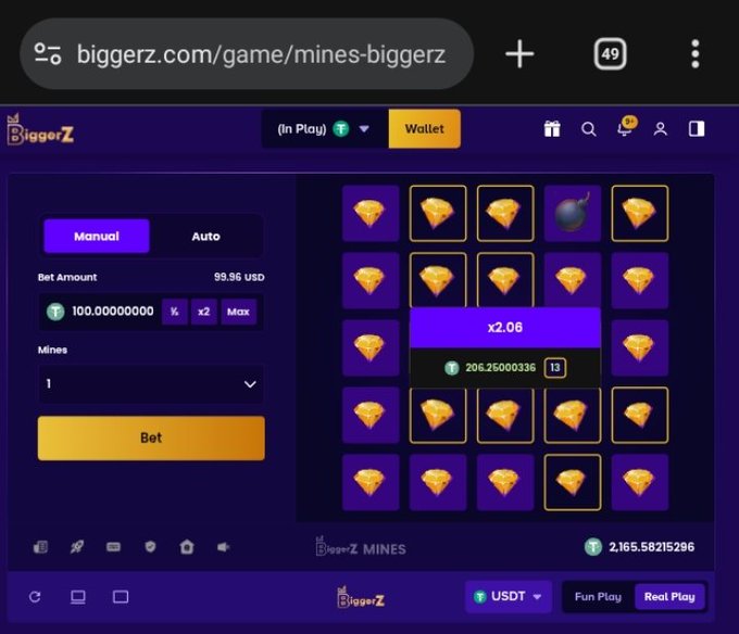 The image shows a BiggerZ Mines game interface on biggerz.com/game/mines-biggerz, where a 100 USDT bet resulted in a 206.26 USDT payout (x2.06 multiplier) after successfully revealing diamond tiles without hitting a bomb, matching the caption's claim of doubling up and cashing out in one clean run.
