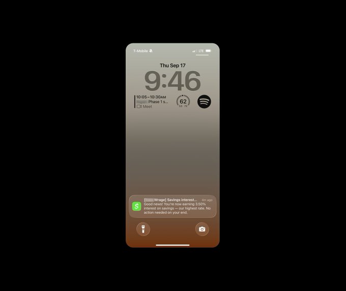 An iPhone Lock Screen displaying 9:46 on Thu Sep 17 shows a Wragi news notification about savings interest rates falling 3.42% due to the highest rate, alongside a Spotify widget and a wallet widget showing an event from 10:05-10:30 AM.