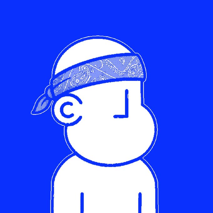 A minimalist white line drawing of a character wearing a paisley-patterned bandana on a solid blue background.