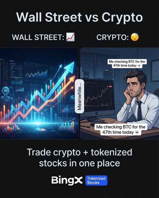 BingX 'Wall Street vs Crypto' advertisement comparing professional chart analysis to a cartoon man obsessively checking BTC, promoting 'Trade crypto + tokenized stocks in one place' with the BingX Tokenized Stocks branding.