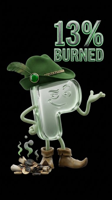 A digital illustration of an anthropomorphic glass letter 'P' wearing a green hat with a feather and brown boots, standing over a pile of burnt items, with the text '13% BURNED' displayed above.