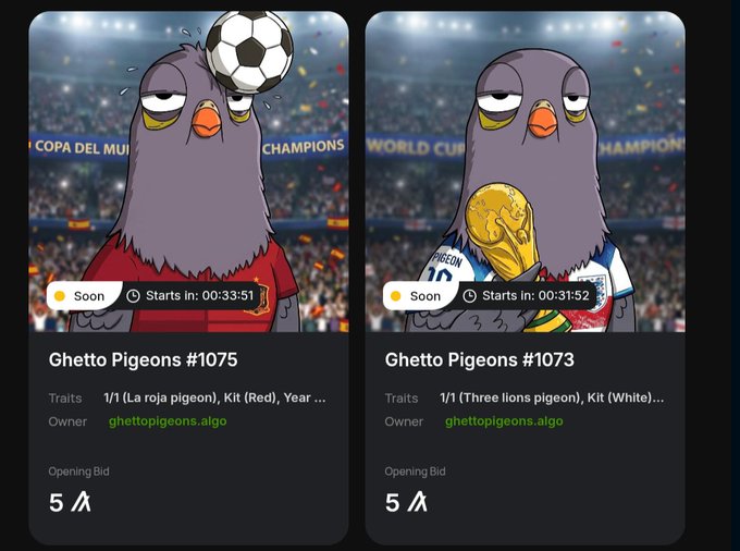 Two 'Ghetto Pigeons' NFT auction listings (#1075 and #1073) by ghettopigeons.algo, both starting at 5 Algo, with timers showing 33:51 and 31:52 respectively; the pigeons wear soccer-themed jerseys with traits like 'La roja pigeon' and 'Three lions pigeon'.
