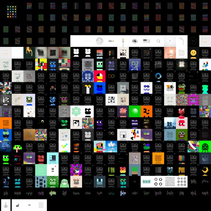 A grid-style image displaying various pixelated and low-resolution characters, icons, and glitch-like patterns, with many transparent placeholder boxes featuring a cube symbol.