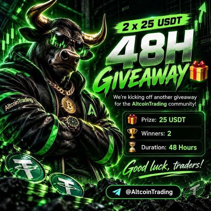 A promotional giveaway poster for 'AltcoinTrading' featuring a bull wearing sunglasses and a jacket, advertising '2 x 25 USDT' prizes over '48 H' with a 'Good luck, traders!' message and a Telegram handle.