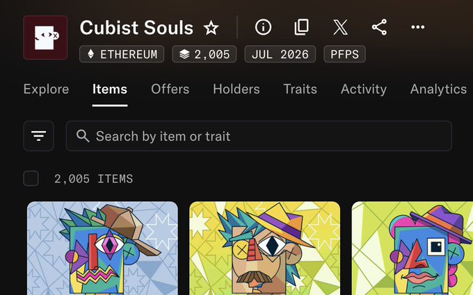 OpenSea page for the 'Cubist Souls' NFT collection on Ethereum, showing 2,005 items scheduled for July 2026, with a search bar and preview thumbnails of NFT artworks.