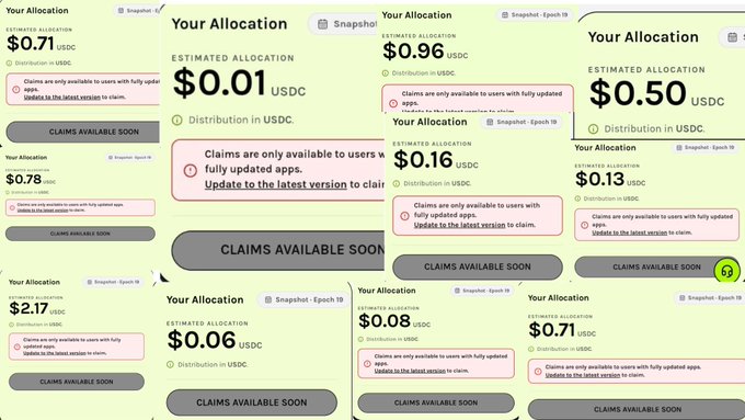 Multiple screenshots display "Your Allocation" pages from a Snapshot - Epoch 19 distribution event, showing small estimated allocation values like $0.71, $0.01, $0.96, $0.78, $0.50, $0.16, $0.13, $2.17, $0.06, $0.08, and $0.71 USDC, with warnings that "Claims are only available to users with fully updated apps." These meager payout amounts visually underscore the $GRASS community's frustration with the disappointing Season 2 outcomes highlighted in the message.