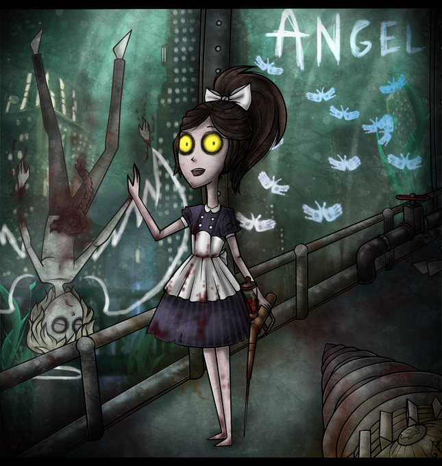A dark, stylized illustration of a girl with glowing yellow eyes and a bow in her hair, wearing a blood-stained maid outfit and holding a knife, standing near an upside-down figure on a railing with the word 'ANGEL' written on the wall behind her.