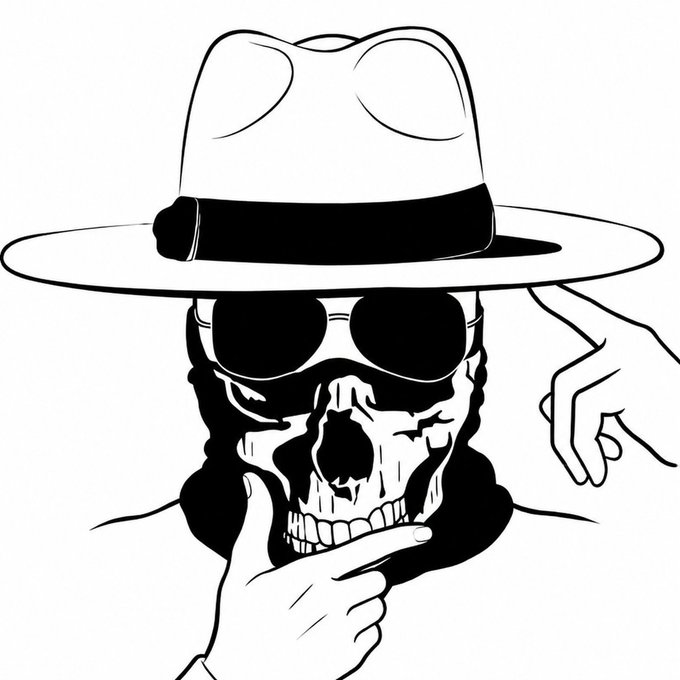 A black-and-white line drawing of a bearded figure wearing a fedora and round sunglasses, with one hand touching the brim of the hat and the other resting on the chin.