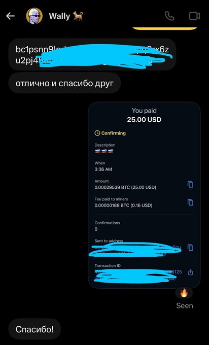 A screenshot of a Telegram chat in Russian shows a payment confirmation of '25.00 USD' in BTC, with sensitive details like wallet addresses redacted in blue.
