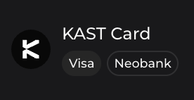 A dark digital interface displaying 'KAST Card' next to a white 'K' logo, with 'Visa' and 'Neobank' labels shown in rounded buttons below.