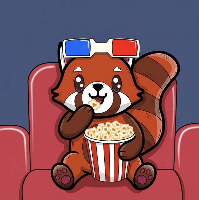 A cartoon red panda wearing blue and red 3D glasses, sitting in a theater seat and eating popcorn from a red and white striped bucket.