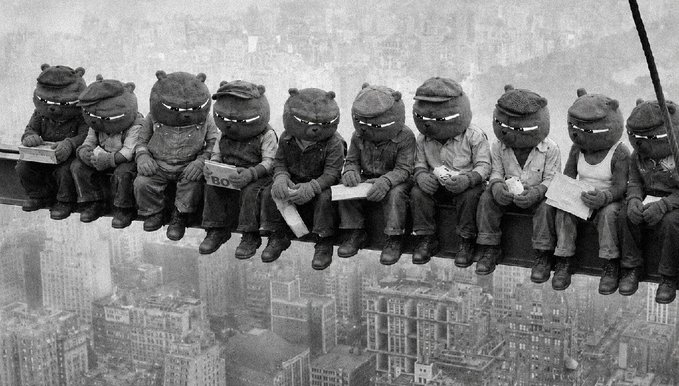 The image is a creative edit of the famous "Lunch atop a Skyscraper" photo, where the iconic ironworkers have been replaced with figures wearing bear and bear-like hats, sitting on a steel beam high above a cityscape. One worker holds a box labeled "BOBO," tying into the post's reference to the $BOBO token, visually reinforcing the "building" metaphor as the construction workers stack together atop the city skyline.