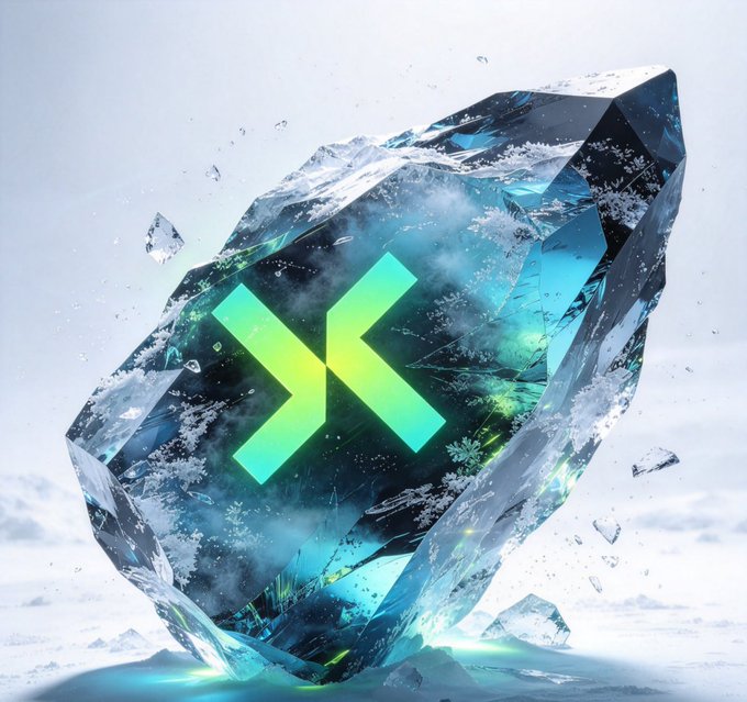 A glowing crystalline shard embedded in ice displays a green and yellow "X" logo, evoking a frozen or stalled asset. The image visually reinforces the post's warning about the Agent market—suggesting that despite flashy appearances ("smooth talkers"), there's no hard proof or working "badge" to back up the hype, leaving the sector looking like a pretty but cold and unyielding object of speculation.