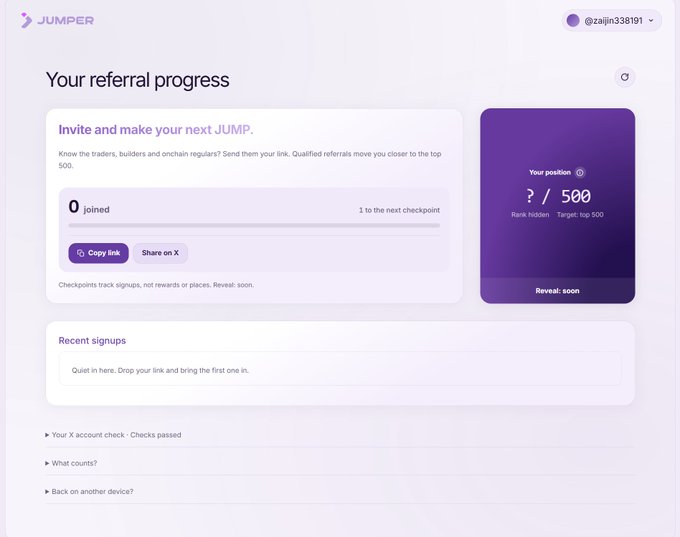 A Jumper referral progress dashboard showing 0 joined referrals and a rank of ?/500 with the goal of reaching the top 500, offering options to copy the link or share on X.
