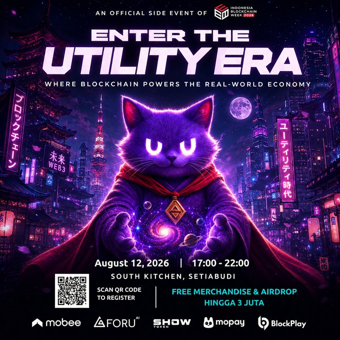This vibrant promotional poster advertises "Enter The Utility Era," an official side event of Indonesia Blockchain Week 2026, taking place on August 12, 2026 from 17:00-22:00 at South Kitchen, Setiabudi, featuring a cosmic purple cat mascot and highlighting free merchandise/airdrop up to 3 Juta, with sponsors Mobee, FORU, Show Token, Mopay, and BlockPlay displayed at the bottom.