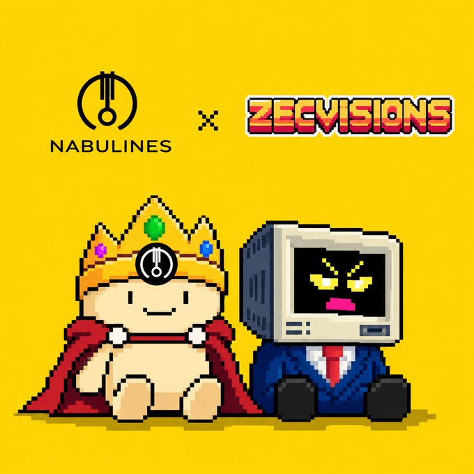 A pixel art collaboration graphic on a yellow background showcases the "NABULINES" logo and "ZECVISIONS" logo at the top, with two pixelated characters below — a smiling figure wearing a jeweled crown and red cape next to a computer-monitor-headed character in a blue suit with an angry face — promoting a giveaway of 20 guaranteed and 40 first-come-first-served spots requiring participants to like, retweet, follow both accounts, and submit their u1 wallet address at zecvision.com.