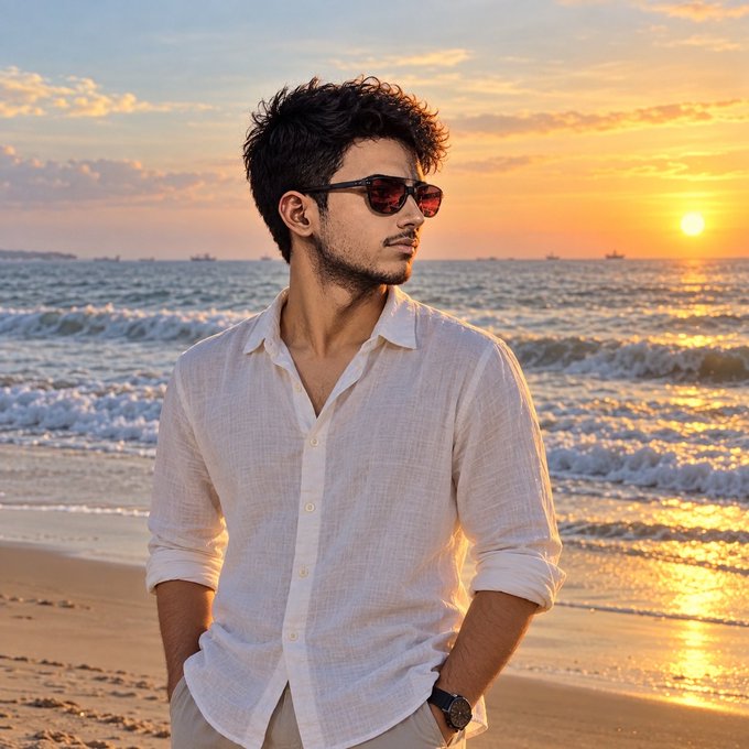 A young man with curly hair and sunglasses stands on a beach wearing a white button-up shirt, gazing toward a golden sunset over the ocean.