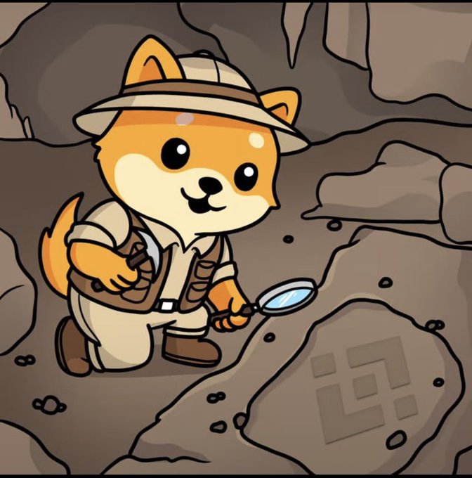 A cartoon illustration of a Shiba Inu dog dressed as an explorer with a safari hat and vest, holding a magnifying glass and examining mysterious markings on a cave floor.