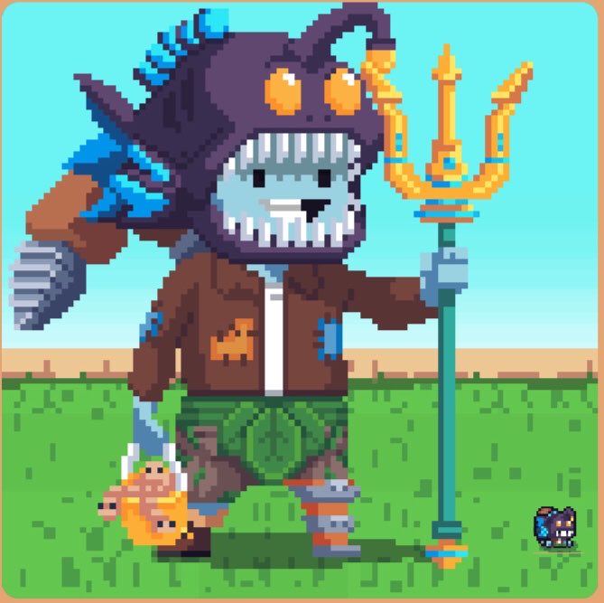 A pixel art illustration of a furry character wearing a shark-like helmet, brown jacket, green skirt, and holding a golden trident, standing in a grassy field with a small creature companion.