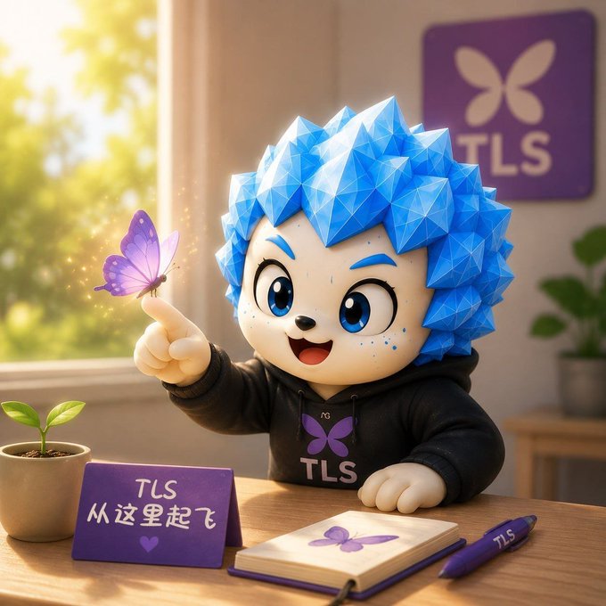 The image features a cartoon character, possibly a little boy or a girl, sitting at a desk with a book open in front of them. The character has blue hair and is holding a butterfly in their hand. A sign next to the character reads "TLS Built from Community".