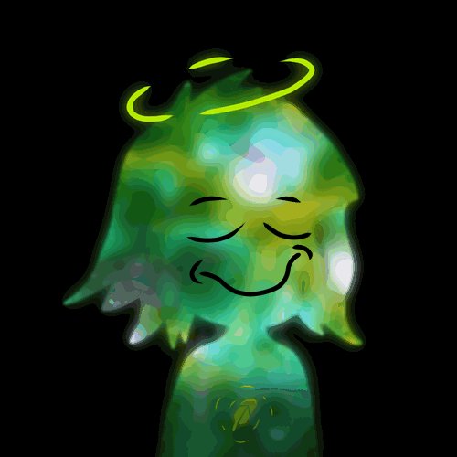 A glowing green cartoon figure with a smiling face, closed eyes, and a yellow halo against a black background.