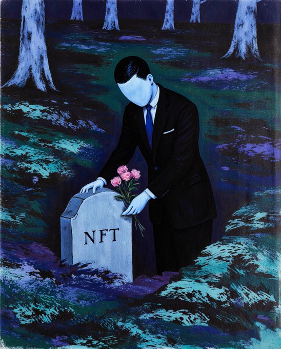 A surreal painting of a faceless man in a black suit laying pink roses on a tombstone labeled 'NFT' in a dark, moody forest.