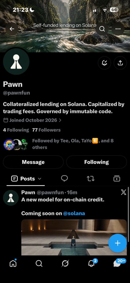 A social media profile page for 'Pawn' (@pawnfun) describing it as collateralized lending on Solana, with a post announcing a new model for on-chain credit coming soon on @solana.