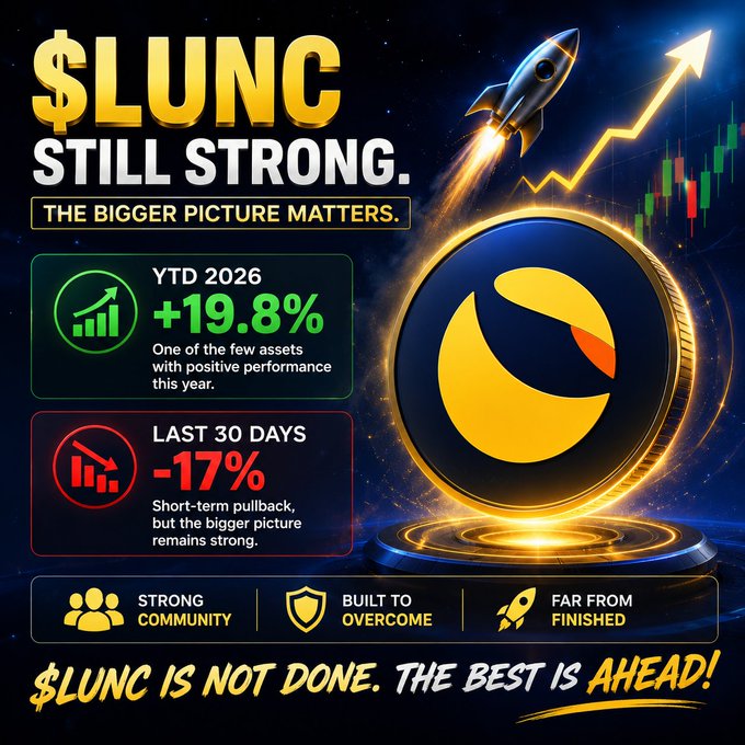 A promotional graphic for $LUNC (Terra Luna Classic) titled "STILL STRONG. THE BIGGER PICTURE MATTERS," highlighting the token's +19.8% YTD 2026 performance despite a -17% drop over the last 30 days. The bold design features a rocket launching alongside an upward chart, reinforcing the post's message that $LUNC remains one of the few crypto assets with positive yearly gains.