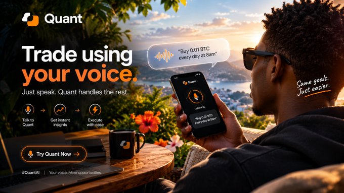 An advertisement for a voice-trading app called Quant, showing a man using his phone outdoors with the tagline "Trade using your voice. Just speak. Quant handles the rest."