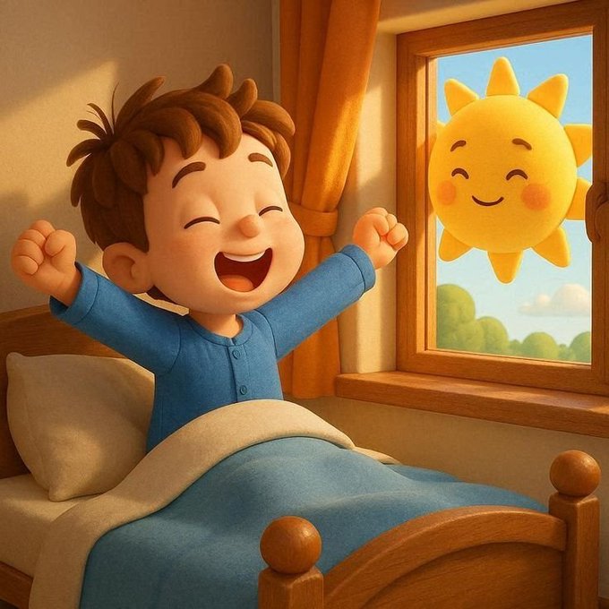 A cheerful little boy stretches in bed with a big smile as the sun greets him through the window. The warm, joyful scene perfectly captures the spirit of waking up ready for the day — just like the habit-building energy behind @sleepagotchi, where good sleep becomes its own rewarding game.