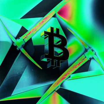 A stylized "B" Bitcoin logo sits at the center of a shattered green and black geometric background, with a heat-map style color gradient bleeding through the cracks. The graphic visually represents the volatile mining landscape discussed in the article, where companies like CleanSpark ($CLSK), BitFuFu ($FUFU), and Canaan ($CAN) saw July production declines of 5%, 10%, and 28% even as Bitcoin's price climbed from ~$58,500 to nearly $63,000.